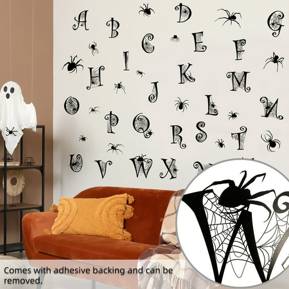 YingYouFu 18PCS Halloween Web Alphabet Wall Decals, Spooky Indoor Decor, Plastic Letter Stickers for Living Room, Party & Home Decorations, Black