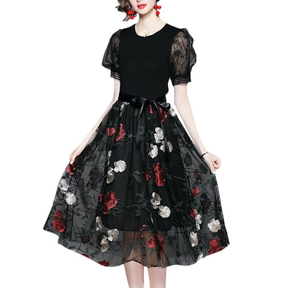 YM YOUMU Women Knitted Mesh Embroidery Dress Short Puff Sleeve Slim Fit Party Swing Dress