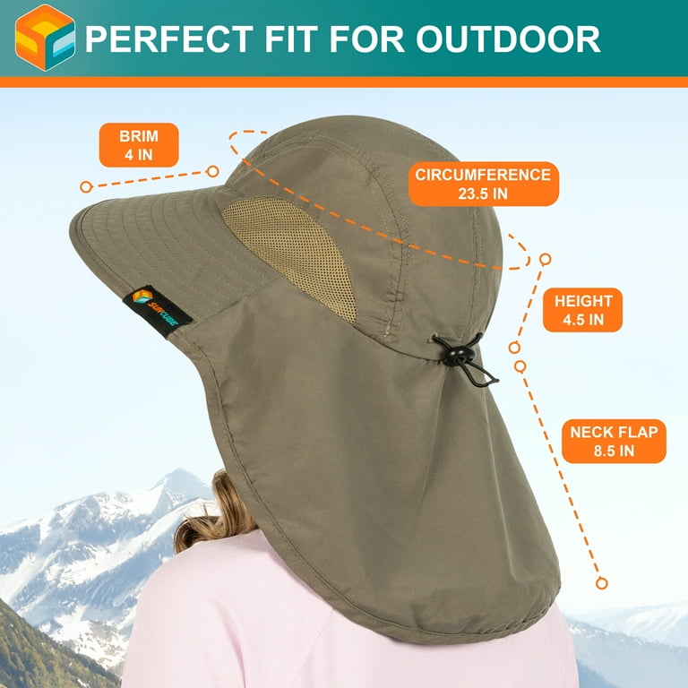 SUN CUBE Wide Brim Sun Hat, Neck Flap, Fishing Hiking, Safari