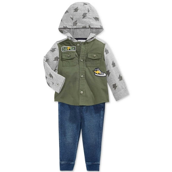 First Impressions Bébé Garçon 2-Pc. 3-6M Chemise à Capuche Utilitaire et Pantalon Denim Pull-On Ensemble – Vert