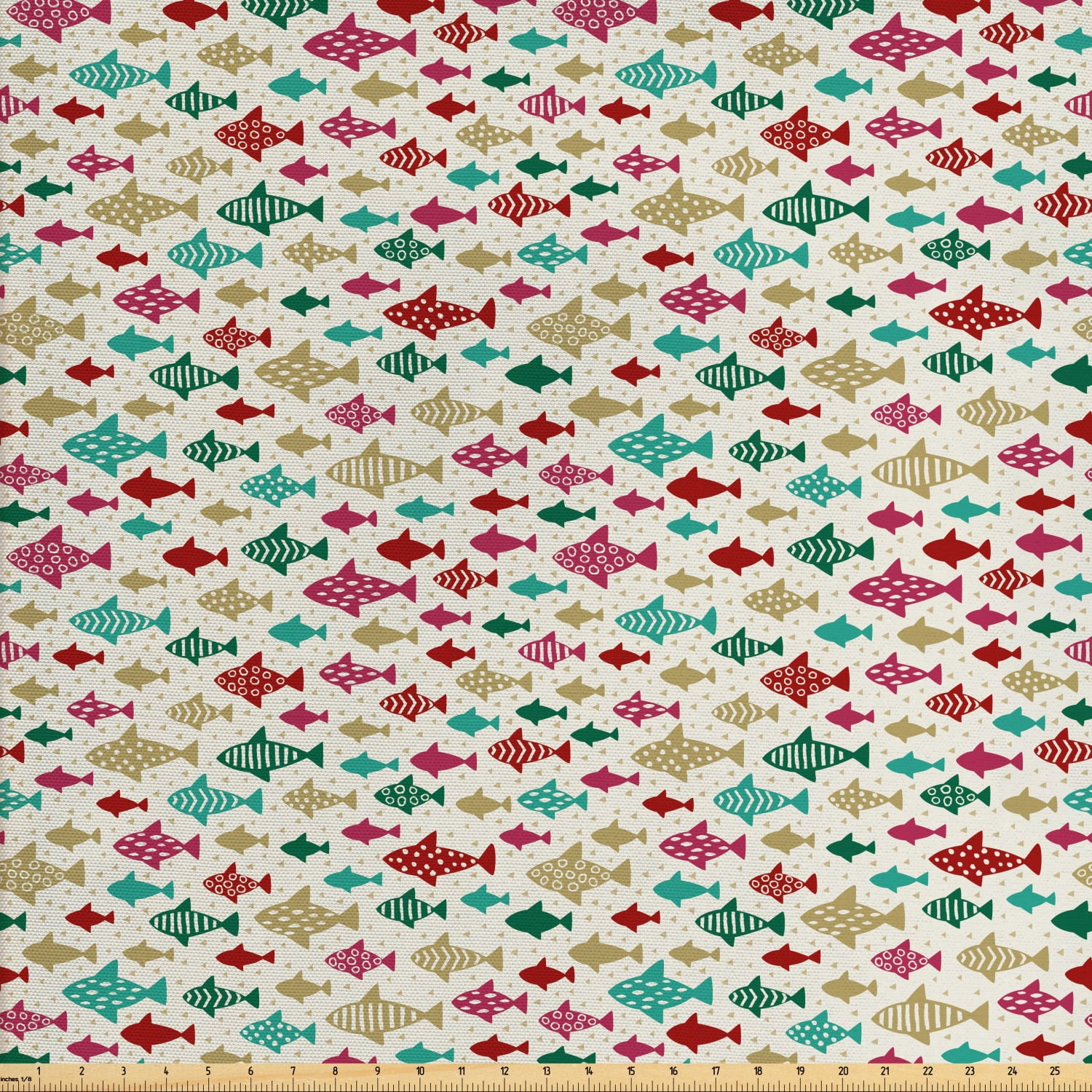Fish Fabric by The Yard, Underwater Elements with Ornamental Stripes or