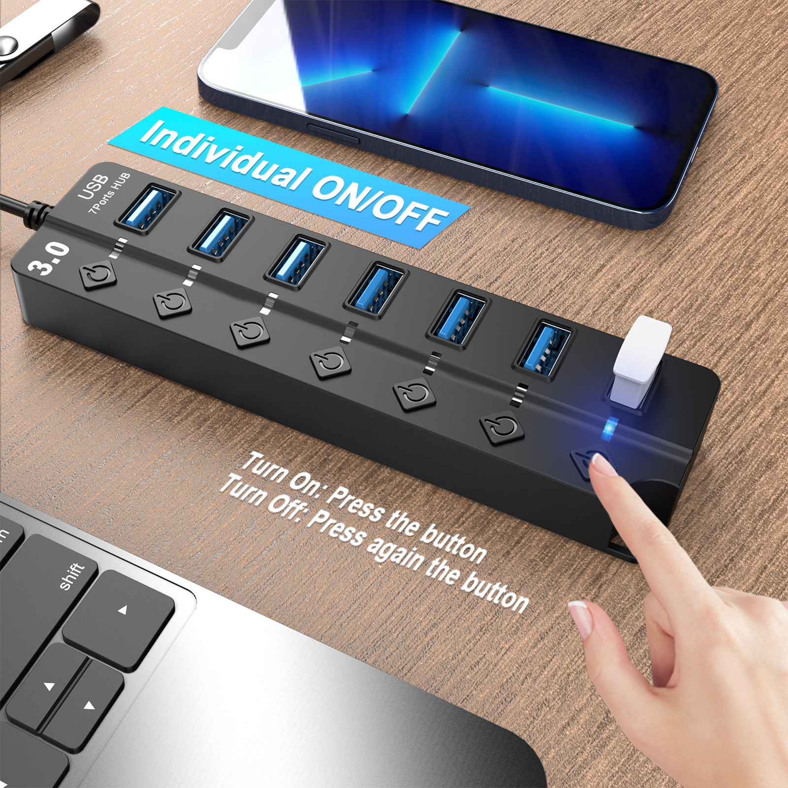 OWNTECH 7-Port USB 3.0 Hub with Individual Power Switches photo 3