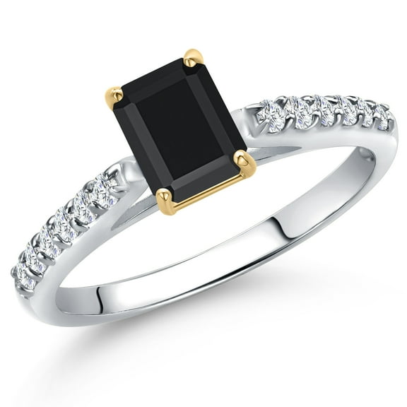 Gem Stone King 10K Two Tone Gold Black Onyx and Lab Grown Diamond Engagement Ring for Women | 0.74 Cttw | Octagon 6X4MM | Gemstone December Birthstone | Size 5