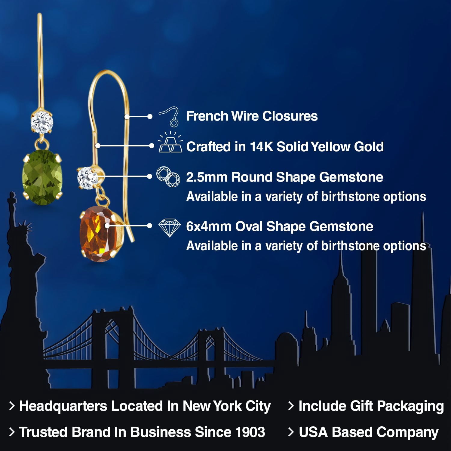 Gem Stone King 14K Yellow Gold Orange Red Madeira Citrine and White Topaz French Wire Dangle Earrings for Women (0.96 Cttw, Gemstone Birthstone, Oval 6X4MM and Round 2.5MM)