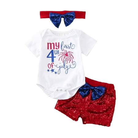 

TAIAOJING Baby Girl Clothes 4th-of-July Letter Romper Bodysuit+Paillette Shorts Fall Outfits 3-6 Months