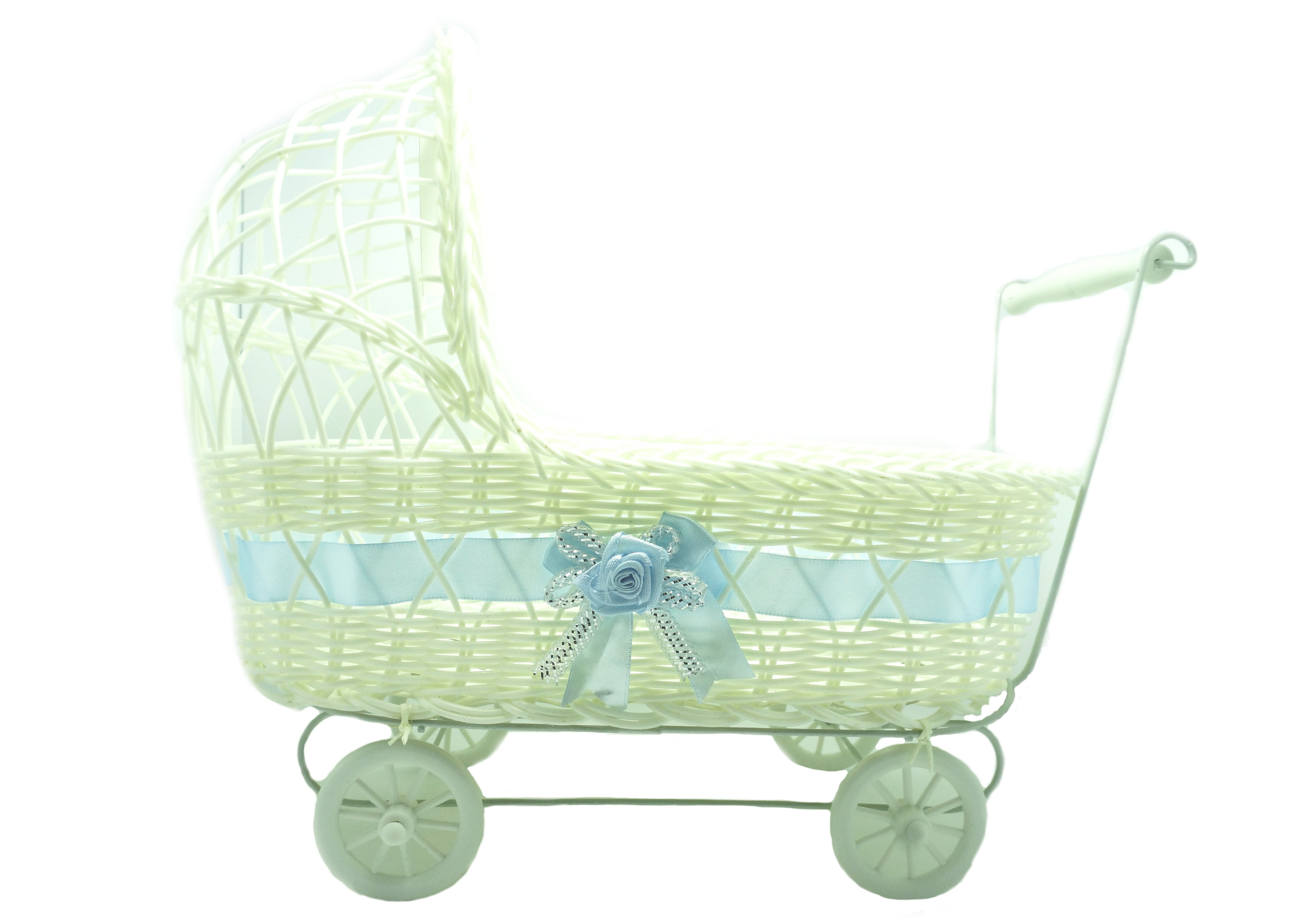 11 1/2'' Wicker Baby Boy Carriage - Baby Shower Centerpiece 1 Piece