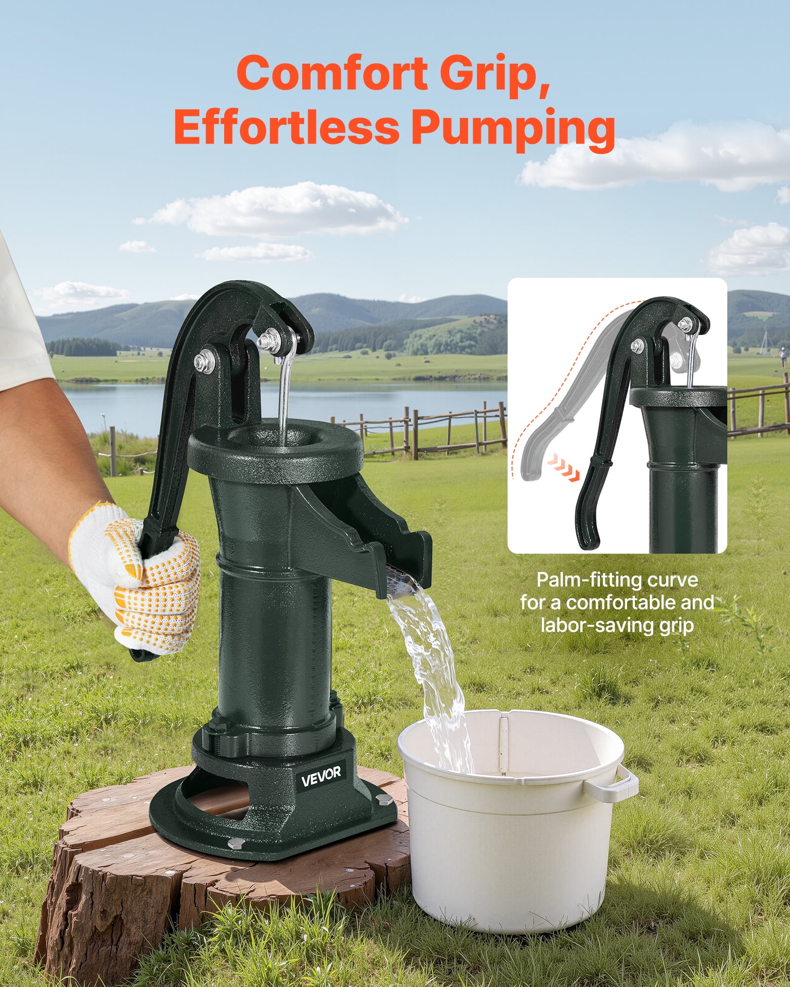 VEVOR Well Hand Pitcher Pump, 25 ft Maximum Lift, Antique Cast Iron Manual Hand Water Pump, NPT 1-1/4 in Connection, Easy Installation, Old Fashioned for Outdoor Garden, Pond, Backyard, Farm, Green