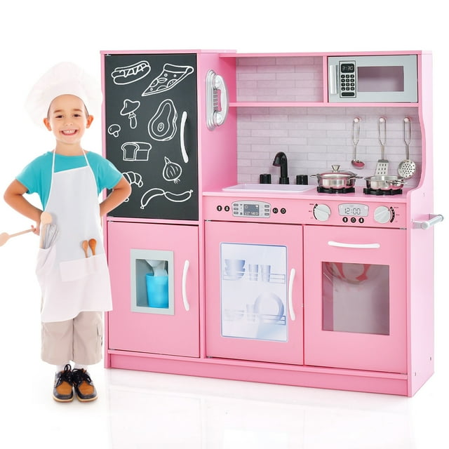 Costway Kid's Pretend Play Kitchen Toddler Kitchen Playset with Blackboard Pink