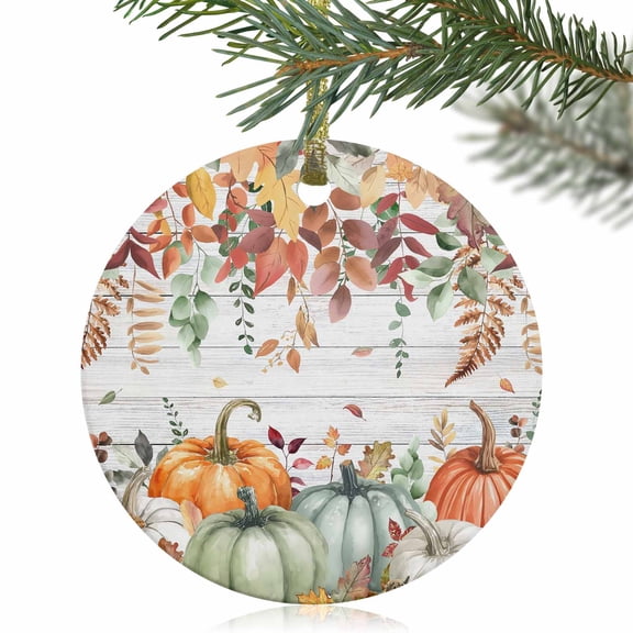 Thanksgiving Pumpkin Fall Leaves Christmas Ceramic Ornament 2025,3" Round Xmas Tree Hanging Accessories with Gold Ribbon
