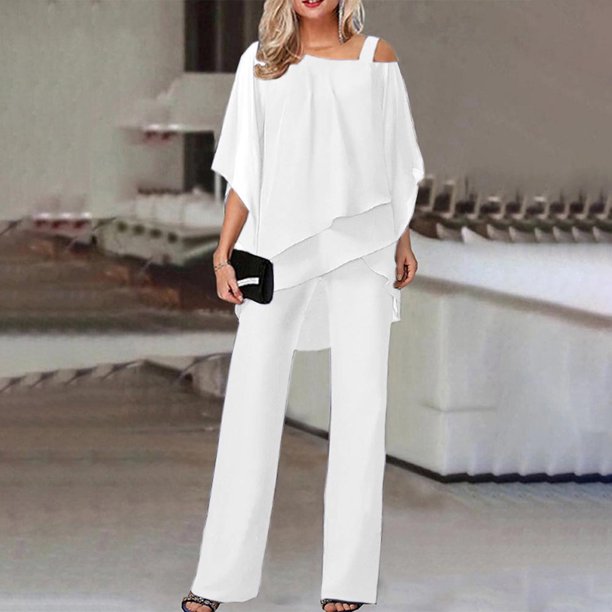 ICHUANYI Clearance Women Fashionable Color Loose Fitting Casual Short Sleeved Irregular Jumpsuit Set(White, XL) ICHUANYI WER2023080708803