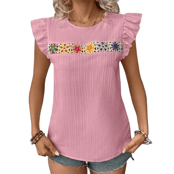 Blusa de Verano con Bordado Floral para Mujer, Cuello Redondo, Corta Rosa L