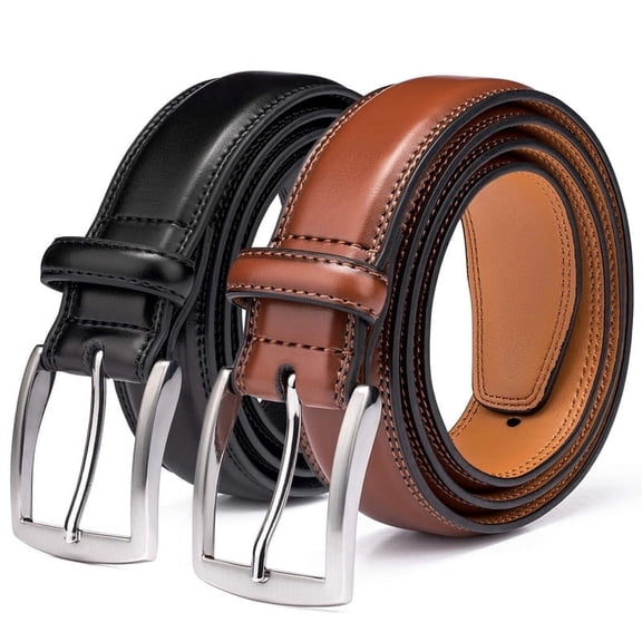 KM Legend Men's 2 Pack Leather Dress Belts, Classic Fashion Belts for Work, Business and Casual