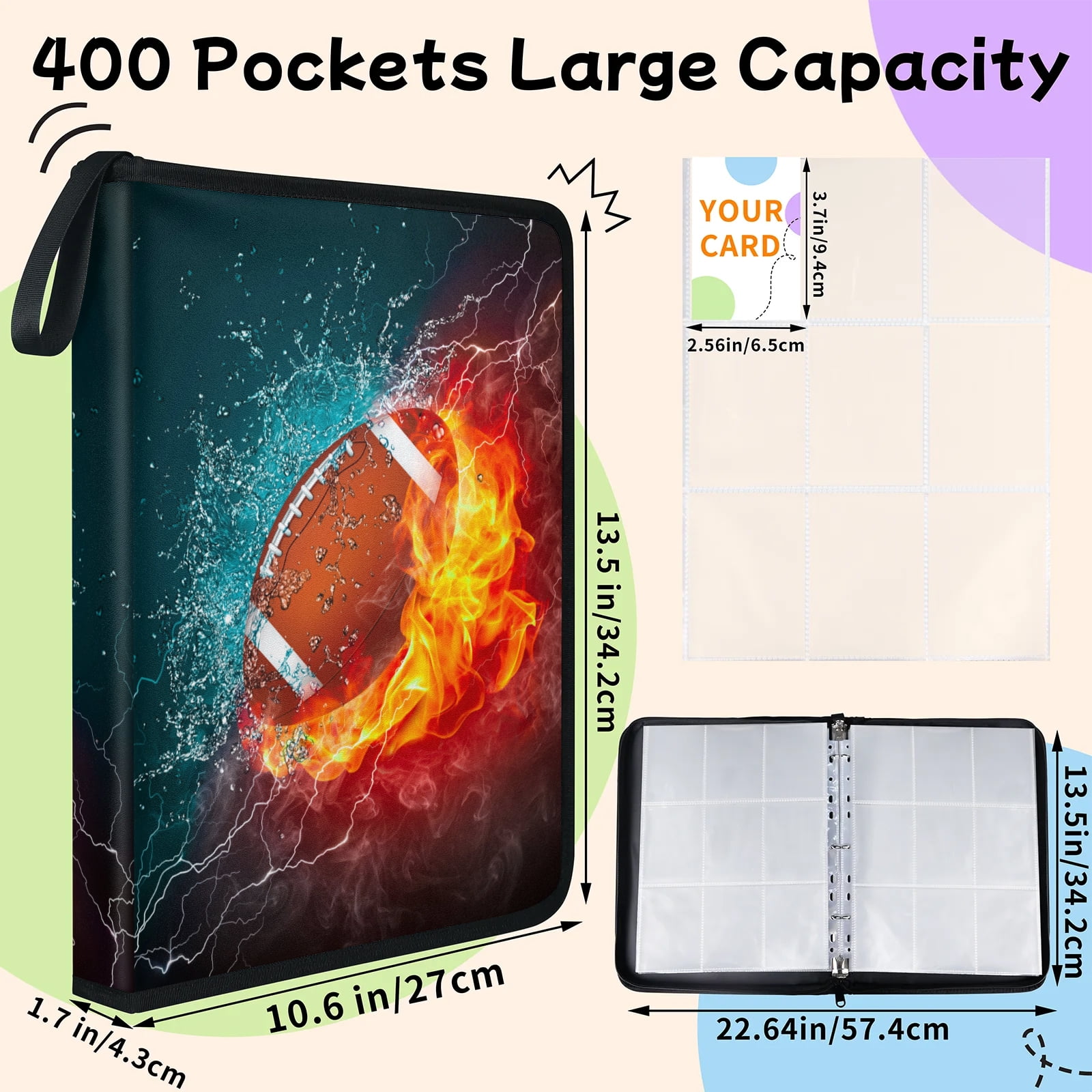 9 Pocket Card Binder Zip Trading Card Binder Portfolio with 50 Refillable Pages 900 Cards Holder for Sports Cards Game Cards