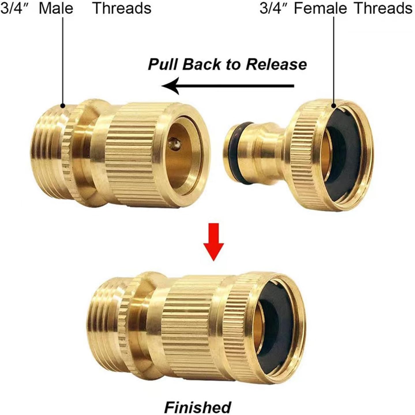 HRTGFD-Garden Hose Quick Connector, Solid Brass 3/4 inch GHT Thread No-Leak Water Hose Fittings for Quick Connect and Release, Male and Female Garden Hose Adapter (2 Pack)