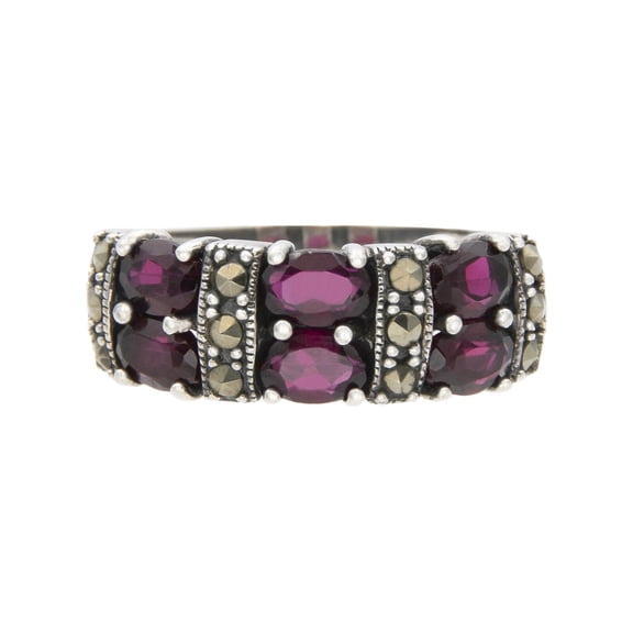 Sterling Silver Red Garnet and Marcasite Statement Ring, Size 8
