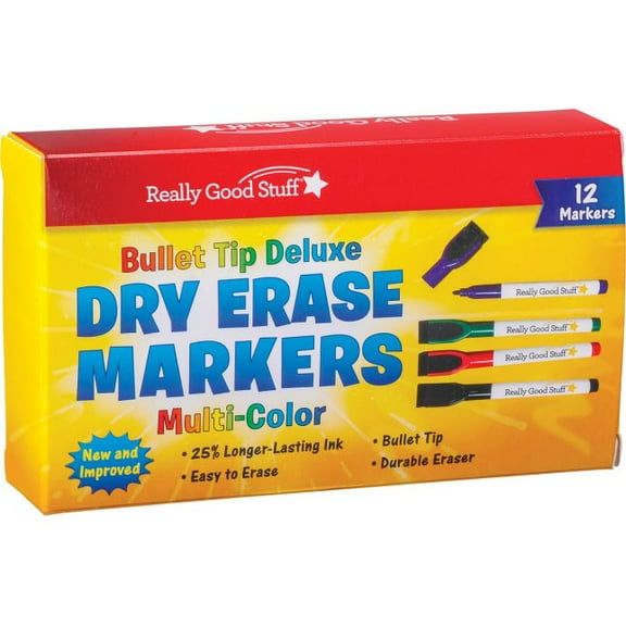 Really Good Stuff Multi-Color Bullet Tip Deluxe Dry Erase Markers - 12 markers