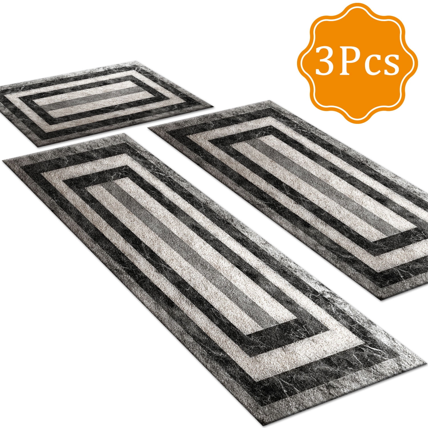 3-Piece Farmhouse Kitchen Rug Set, Washable Anti Slip Striped Floor Mats in 3 Sizes, Stain Resistant Decor Rugs for Kitchen Hallway Bathroom Home Christmas Decor