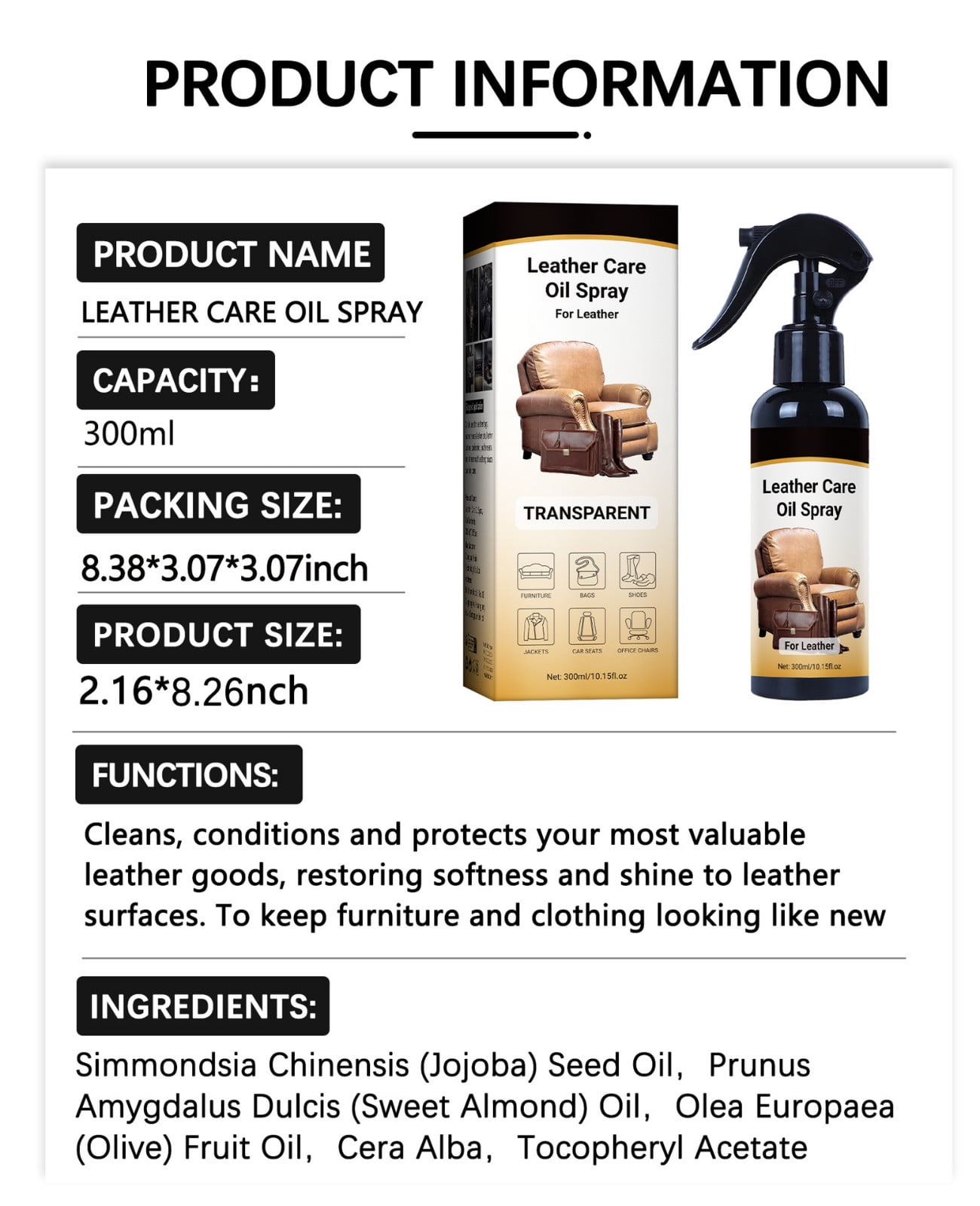 Leather Care Oil Spray 300ml - Transparent Protective Formula for Furniture, Sofa, Car Seat, Bag & Clothing - Nourishes & Revitalizes - Daily Maintenance Solution