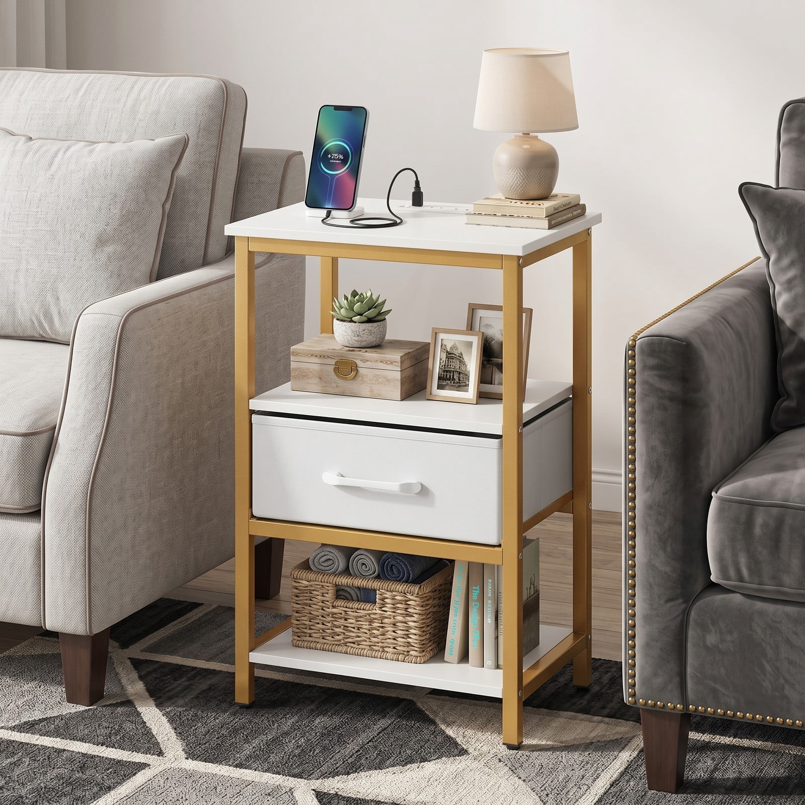 Furnibear Nightstand with Charging Station and Foldable Fabric Drawer and Open Shelves for Bedroom and Living Room, Bedside Table, White and Gold
