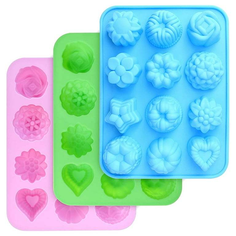 3 Pieces Set of Silicone Flower Molds, Baking Mold with Flowers and Heart  Shape, for Chocolate, Candy, Ice Cubes (pink, Blue and Green) 