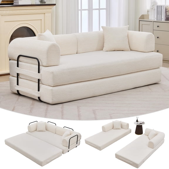 Garvee 79" Convertible Sleeper Sofa Bed Couch, 4-in-1 Boneless Corduroy Folding Sofa Bed with Pillow & Fixed-Shape, Floor Mattress Couch Loveseat for Living Room Apartments - No Assembly, Beige
