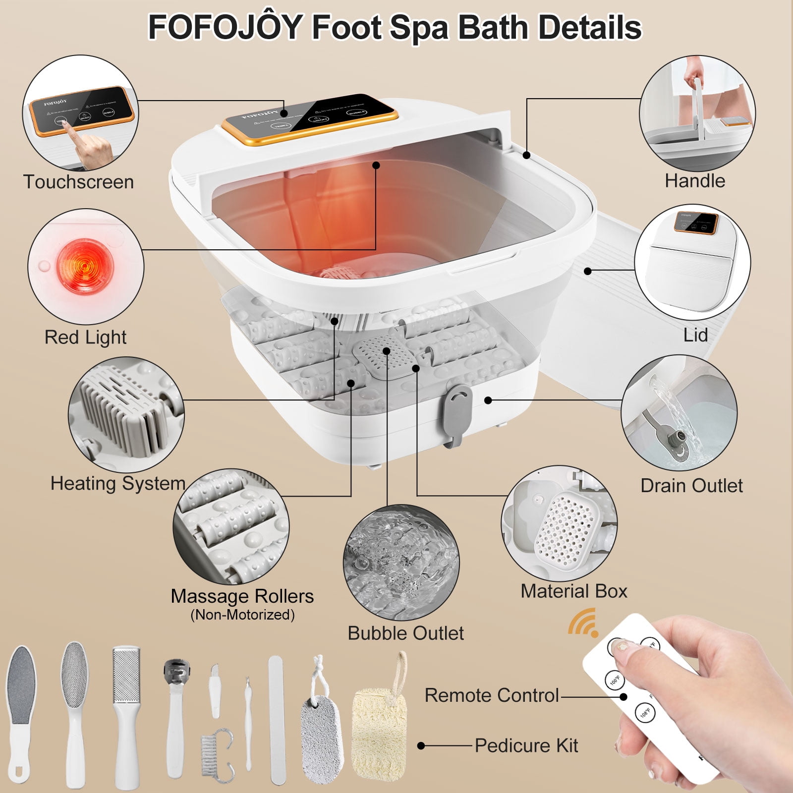 Collapsible Foot Spa Bath with Heat, Temperature Control, Massage Rollers, Bubble & Pedicure Kit, Portable Foot Massage for Relaxation