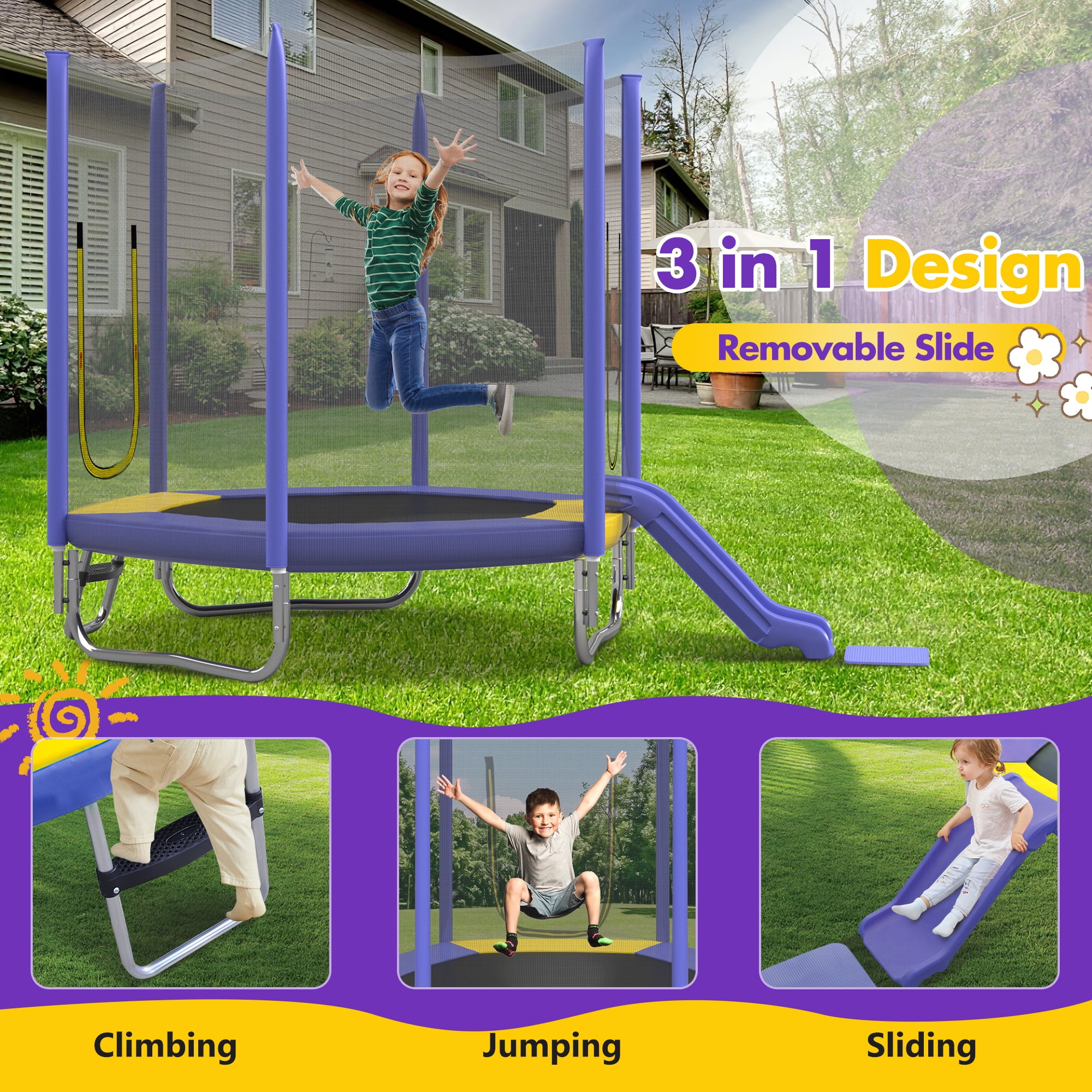 7FT Trampoline for Kids with Safety Enclosure Net, SEGMART Toddler Trampoline with Removable Slide, Upgrade Recreational Trampoline with Jumping Mat for Indoor Outdoor Backyard, Purple