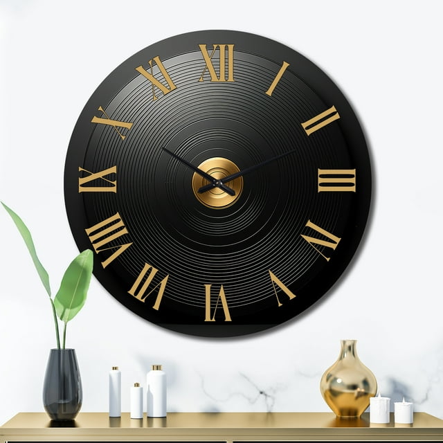 Designart "Serenading Tunes on Black and Gold Vinyl II" Music Oversized Wall Clock