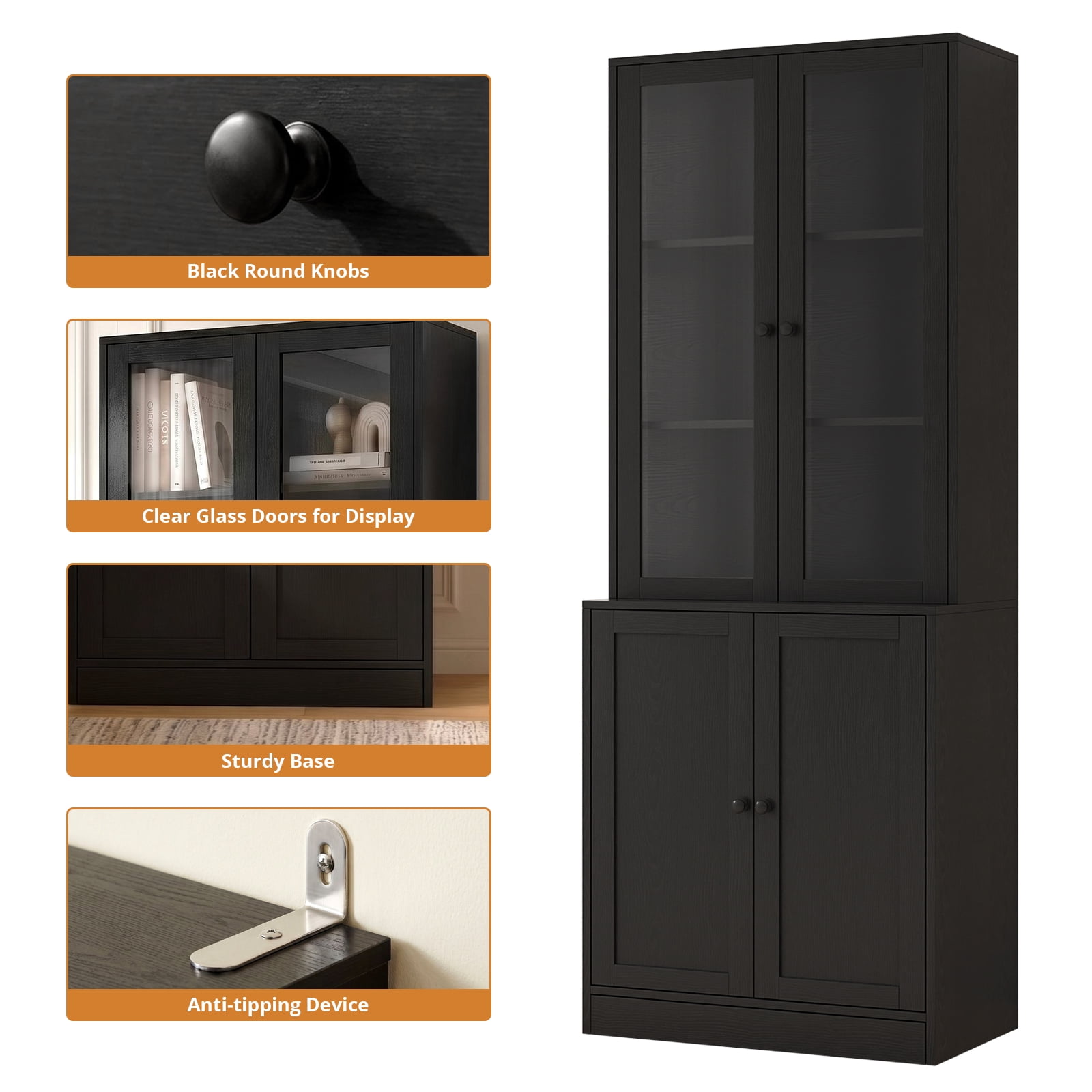 RichYa 71'' Tall Bookcase with Glass Doors, 3-Tier Display Bookshelf & 5-Tier Storage Cabinet for Home Office Living Room