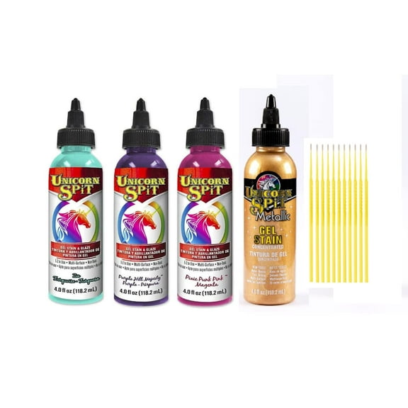 Unicorn SPiT Gel and Glaze Stain in one Bundles - 4 4oz. Bottles with Trebbies Detail Sticks (Celebration Collection)