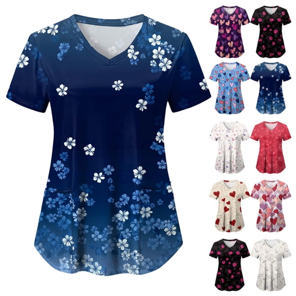 GEWSEY Women's Scrubs Printed Scrub Tops Plus Size Stretch Nursing Scrubs Fall Medical Workwear with Pockets (Red, S)