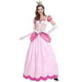thumbnail image 1 of Women"s Super Mario Peach Cosplay Costume Pink Princess Dress + Gloves + Headdress Outfits Set Carnival Party, 1 of 5