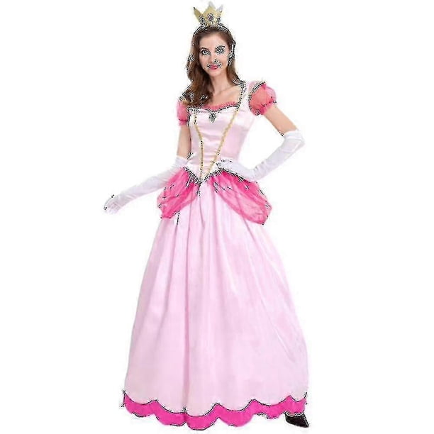 Women"s Super Mario Peach Cosplay Costume Pink Princess Dress + Gloves + Headdress Outfits Set Carnival Party