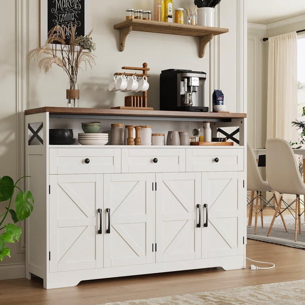 Bufetera Credenza Blanca de 1.3M con Cajones y Barra de Café, Gabinete Grande Apto para Cocina y Comedor, Almacenamiento Ampliado