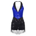 thumbnail image 4 of Aiihoo Womens Sparkly Tassel Latin Dance Leotards Halter Backless Jumpsuit Jazz Dancewear Blue L, 4 of 6