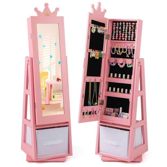 Infans Kids Jewelry Cabinet w/ Full-Length Mirror Foldable Drawer Anti-toppling System