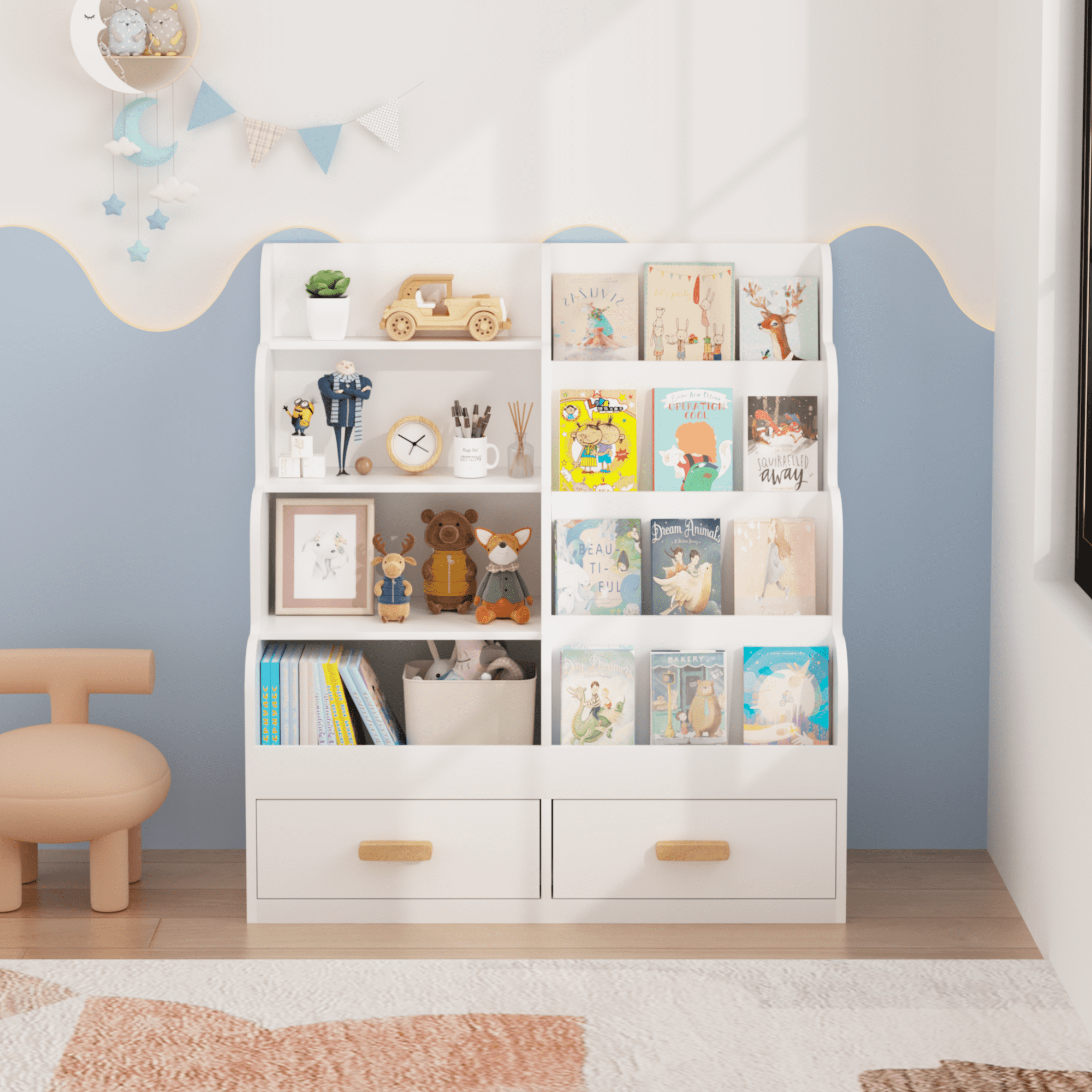 Kids Furniture Kids Bookshelf with 2 Storage Drawers, Front-Facing Children's Bookcase and Toy Organizer, Multi-Tier Reading Shelf for Toddlers, Playroom, Bedroom, or Nursery - White,Baby Nursery Fu