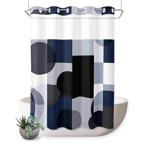 No Hook Shower Curtain, Navy Blue Black Shower Curtains for Bathroom with See Through Top Window, Art Modern Abstract Geometric Waterproof & Washable Bath Curtain Stall 48"x72"