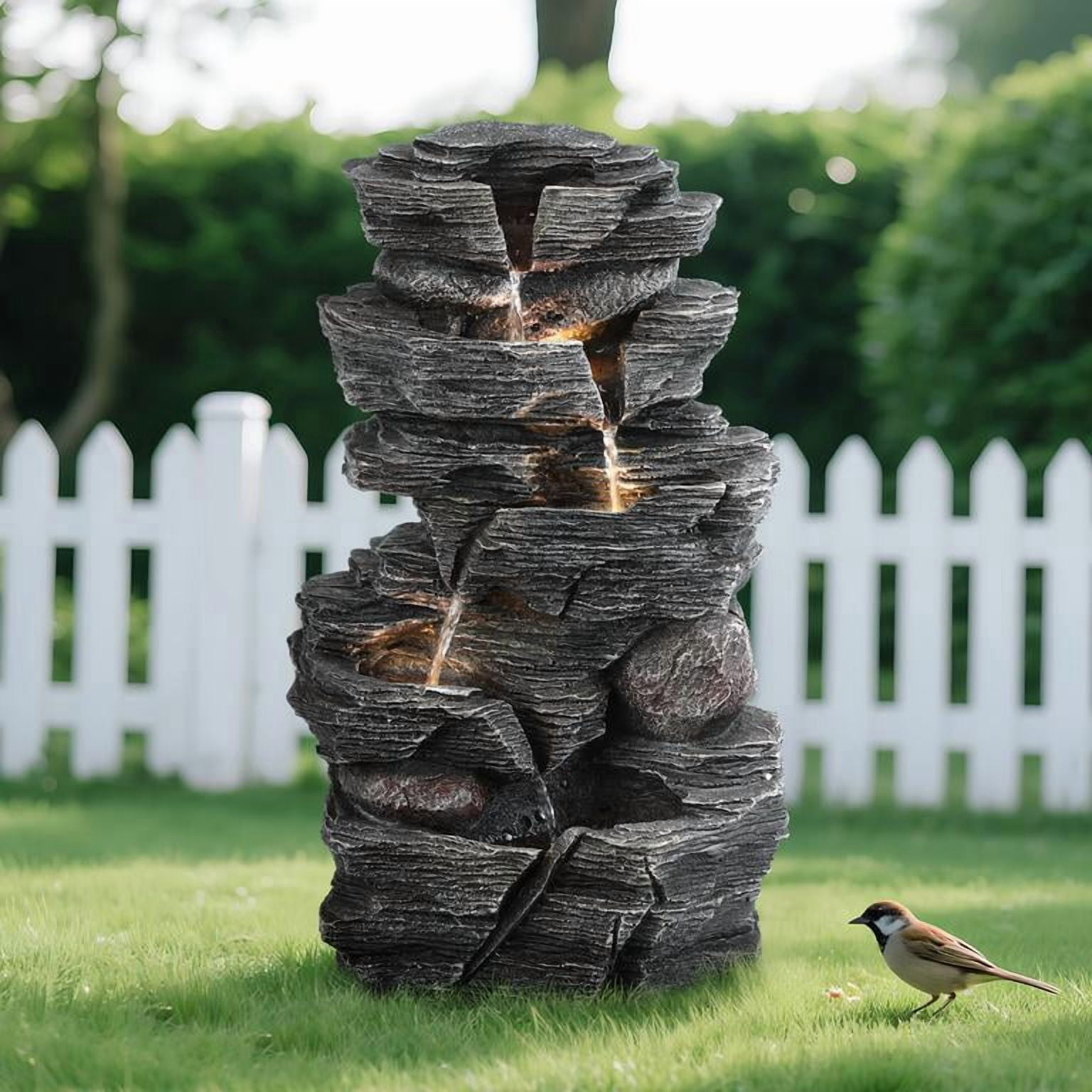 Outdoor Rock Waterfall Fountain, 3-Tier Cascading Fountain with LED Warm Light, Natural Stone Look Resin Fountain for Garden Patio Yard Porch Decor