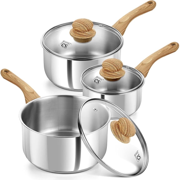 Koch Systeme CS 6-Piece Stainless Steel Sauce Pan Set with Lids - 1 & 2 & 3 QT, 3-Layer Base, Induction Compatible, Cool-Touch Bakelite Handles