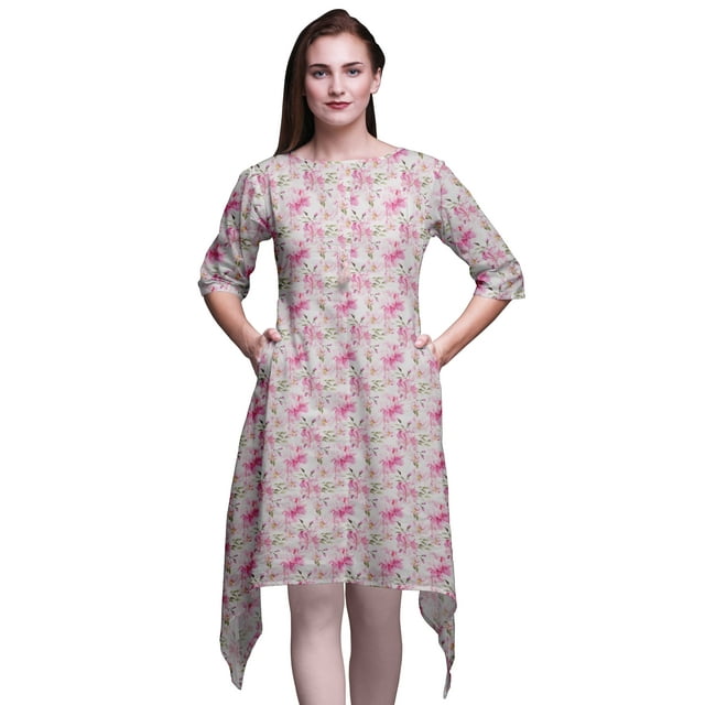 Bimba Kurtas Floraux Feuilles Roses & Delphinium pour Femmes Imprimé Ethnique Asymétrique Hauts d'Été pour Femmes XXX-Large