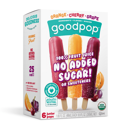 GoodPop Organic Junior Pops Orange Cherry Grape Pack, 100% Juice Ice Pops, 6 ct