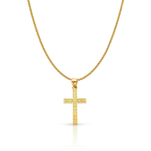 Ioka-14K Yellow Gold Cross Charm Pendant with 1.1mm Wheat Chain Necklace - 18"
