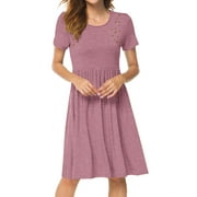 Hibeli Women Summer Casual Cut-out A-line Dresses Short Sleeves High Waist Knee Length Midi Dress with Pockets
