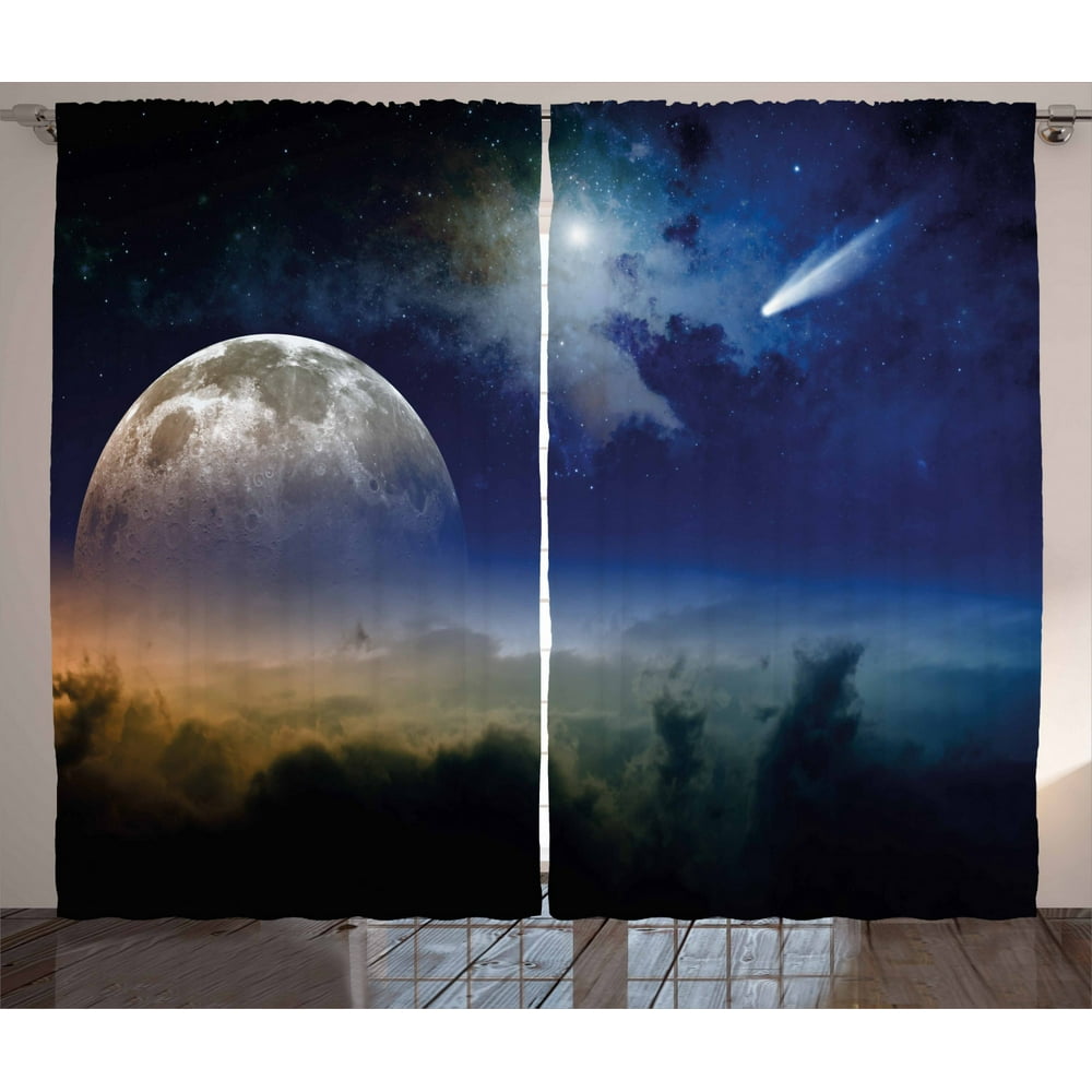 Moon Curtains 2 Panels Set, Full Moon Rising with Shooting Star Cloudy Night Sky Celestial