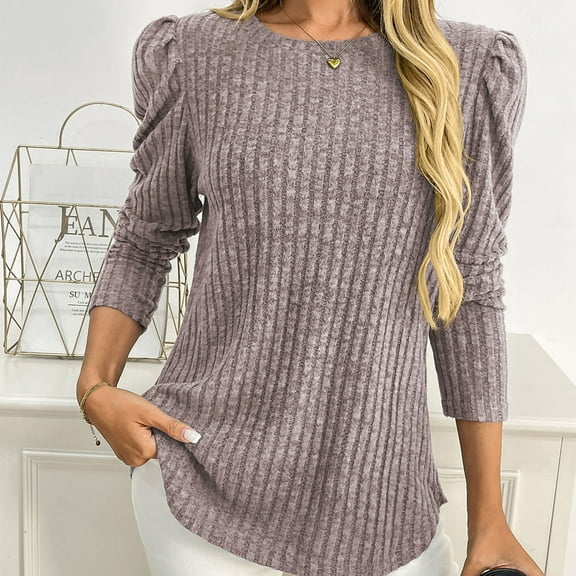 Ailaofu Womens Puff Long Sleeve Sweaters Casual Crew Neck Knitted Shirts Tops Fall Blouses Clothes