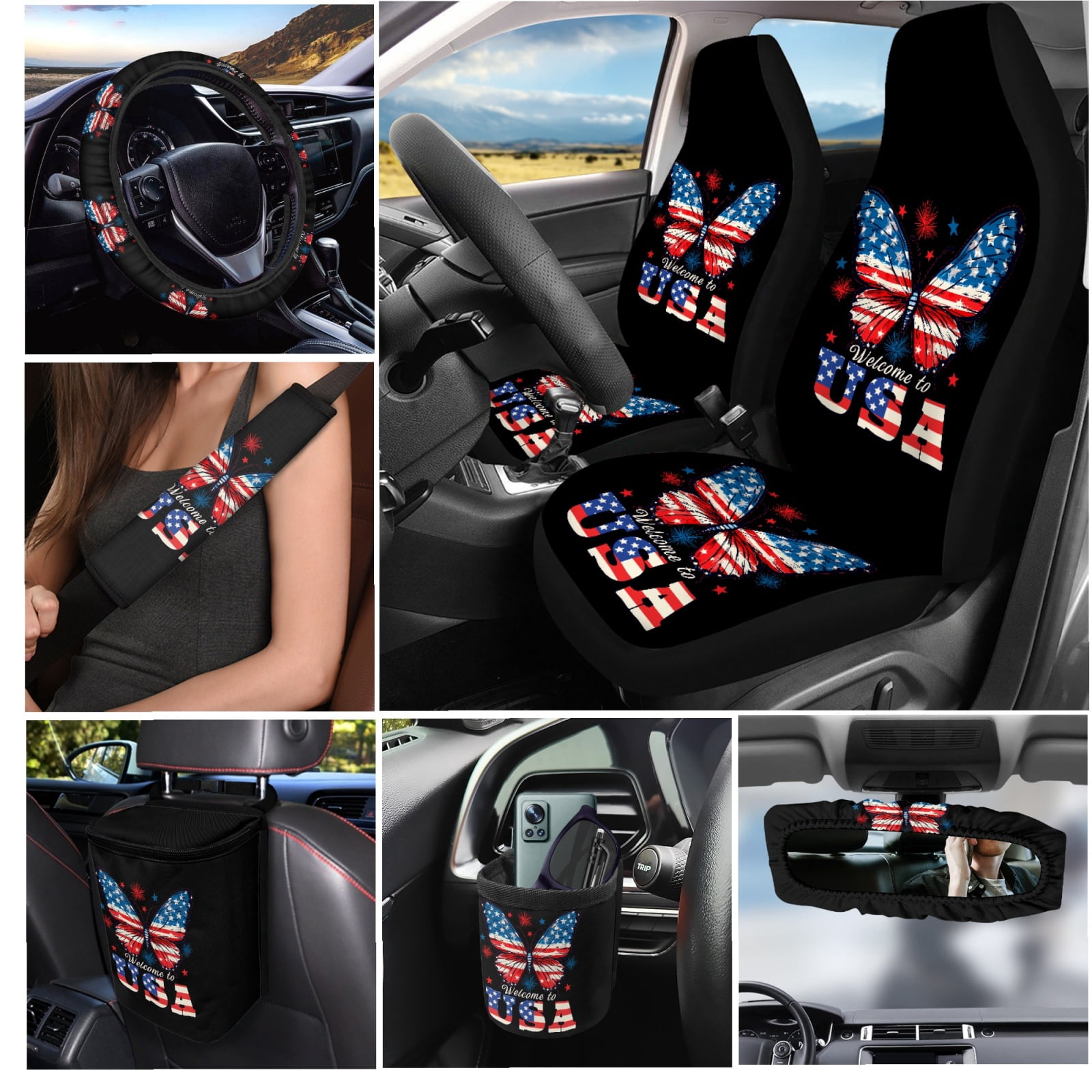 Yuyamidu Butterfly Car Seat Covers Full Set of 15 American Flag Steering Wheel Cover Seat Belt Covers Trash Box Air Vent Pouch Rear View Mirror Cover Auto Coasters Keychain Wristlet Strap