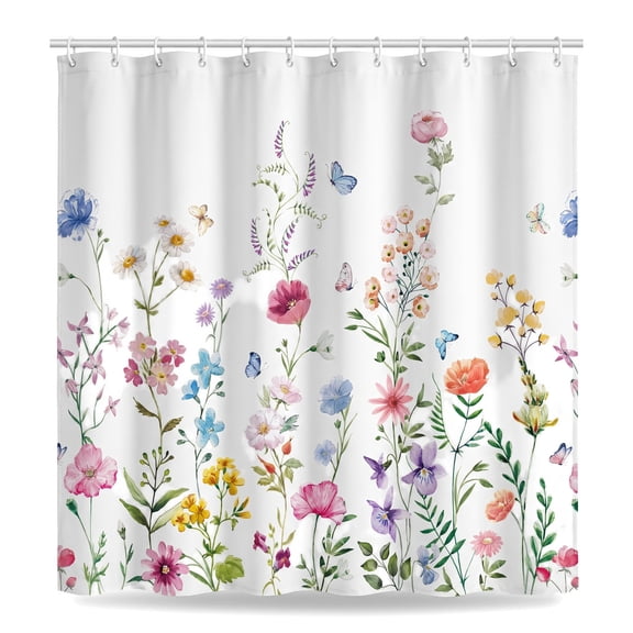 Floral Shower Curtain for Bathroom - Watercolor Plant Design with 12 Hooks, Pretty Wildflower Pattern, Decorative Machine Washable, 72" W x 72" H