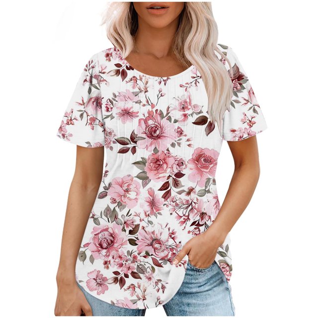 Hauts d'Été à Manches Courtes Femme Mode 2024 Blouses Plissées Chic Décontractées Col Rond T-Shirts de Couleur Unie (Grand, Bleu 08)