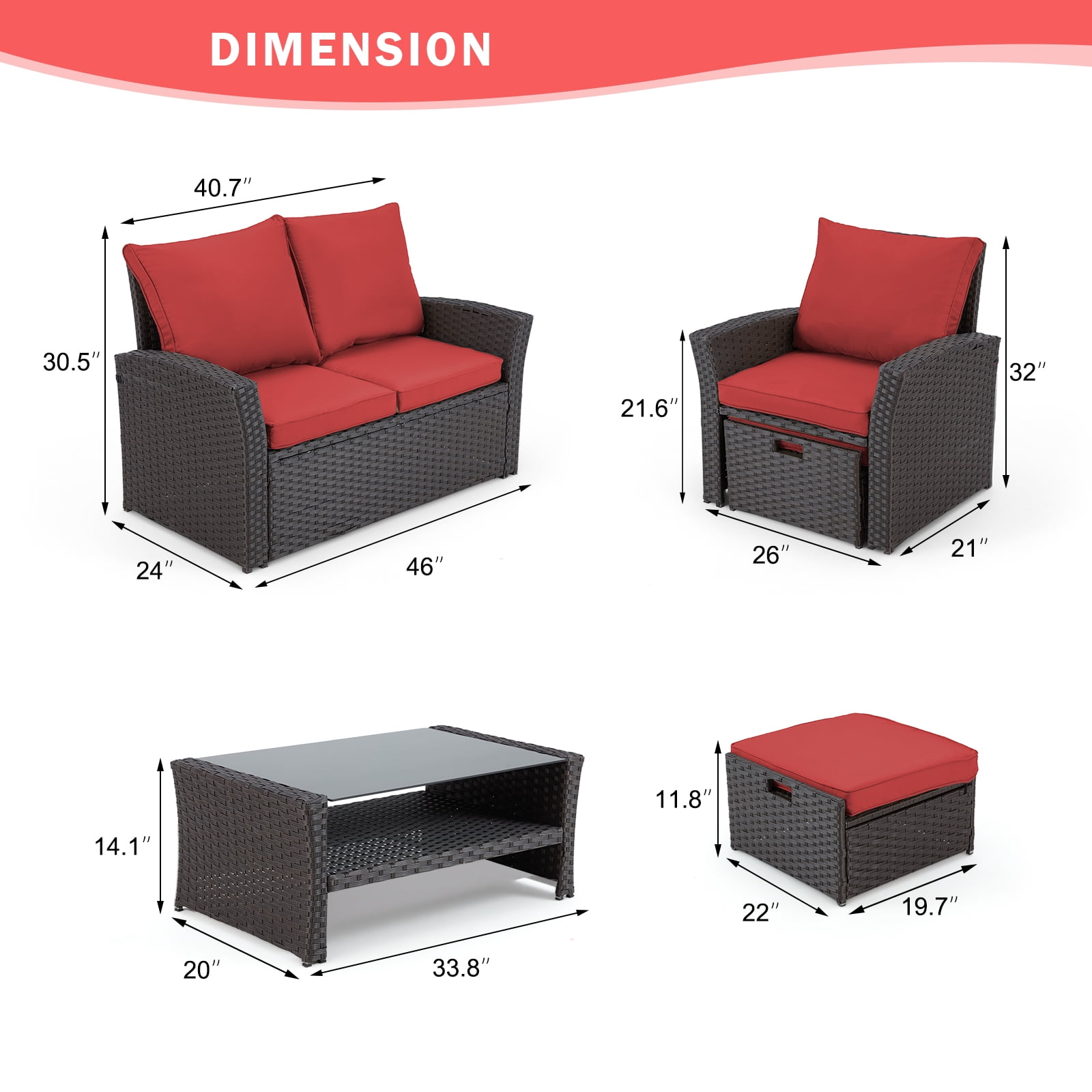6 Pieces Patio Furniture Set, Outdoor Sectional Conversation Rattan Sofa Set with Ottoman and Outdoor Storage Table for Garden, Porch, Backyard (Red)